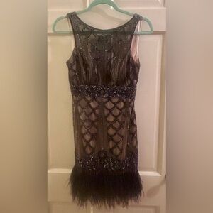 Sue Wong black feather sequin cocktail dress